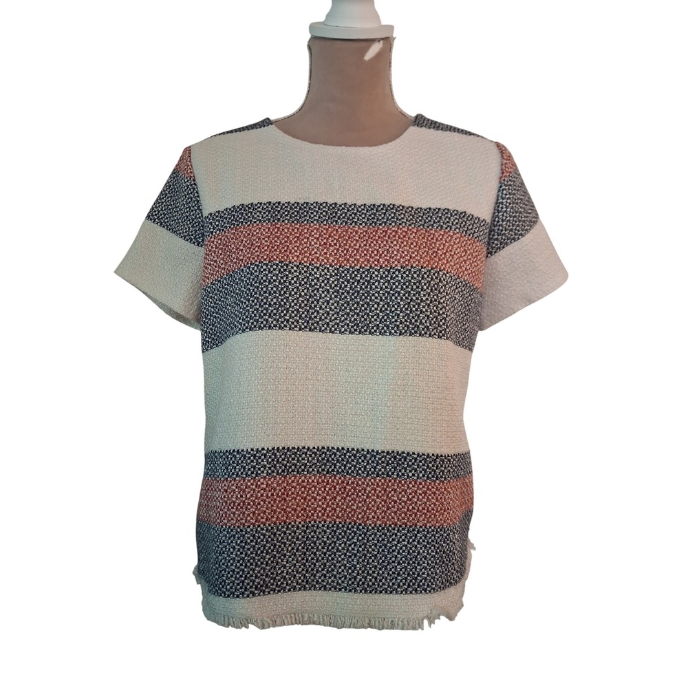 Halogen Womens Large Tweed Striped Short Sleeve Fringe Hem Blouse Old money